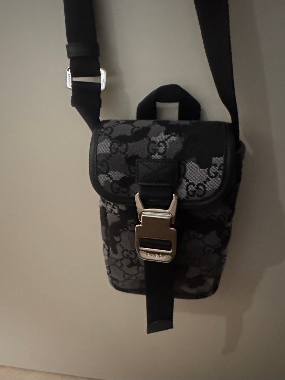 Gucci Black and Gray Monogram Belt Bag with Silver Buckle